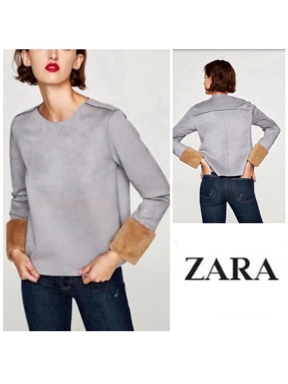 ZARA Gray Faux Suede Long Sleeve Beige Faux Fur Cuff Sleeves Trendy Top Sz L